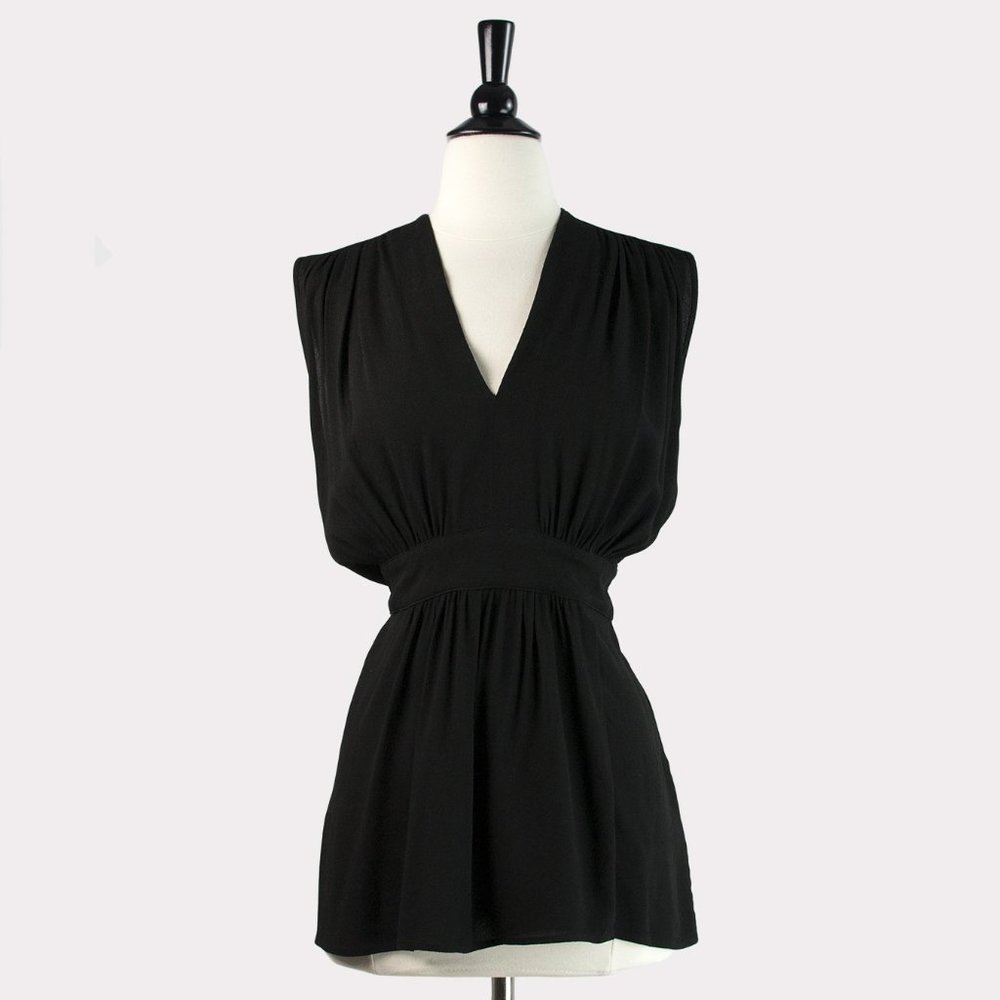 Sleeveless vneck Black Empire Top with Slit Back, XS